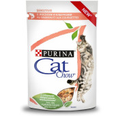 Пауч Purina Cat Chow Sensitive - хапки в сос със сьомга и тиква, за чувствителна храносмилателна система, 85 гр.
